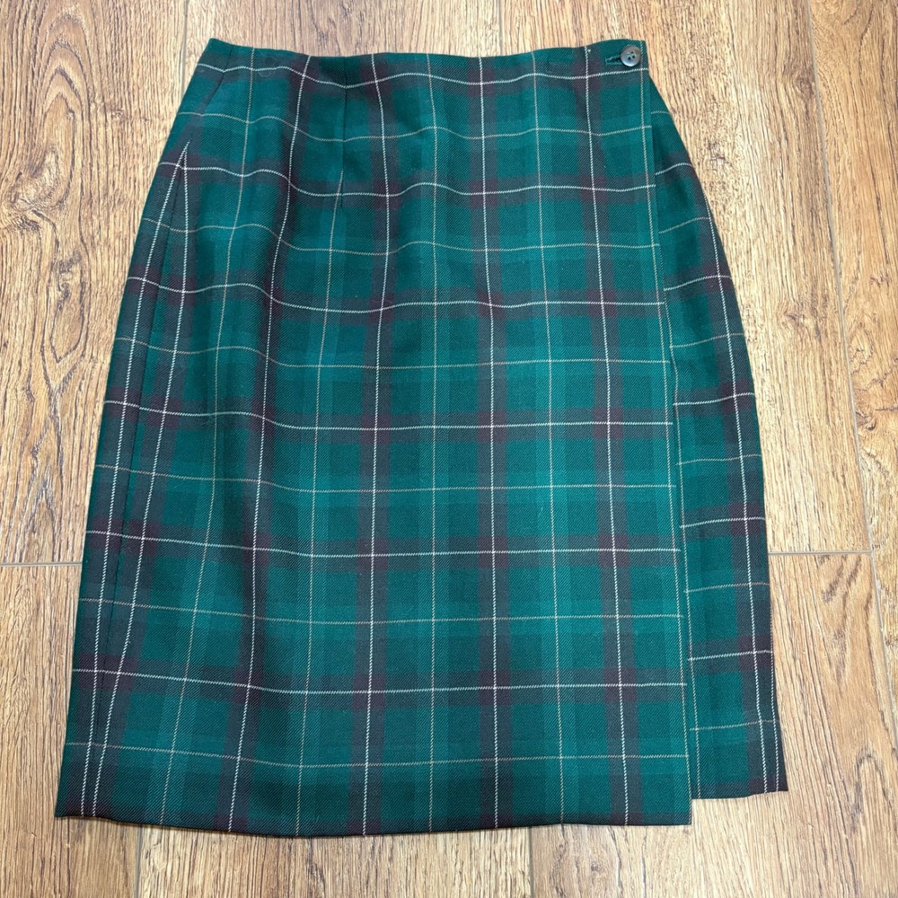 VTG 90s Academia Charter Club Green Plaid Wool Skirt Womens‎ 6 Tweed Tartan Knee